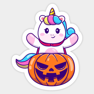 Cute Unicorn With Halloween Pumpkin Sticker